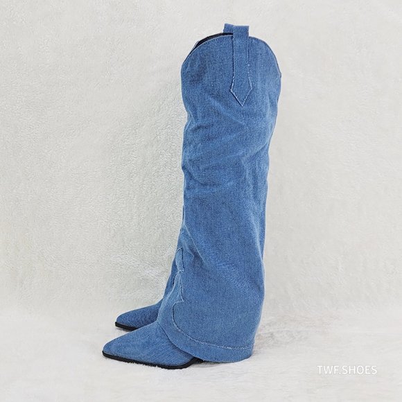 Rough Cut Denim Skirted Fold Over Country Western Knee High Cowgirl Boots - Picture 10 of 11